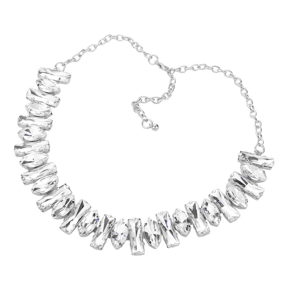 Rhodium Irregular Stone Cluster Evening Jewelry Set, is made with unique stones to add a chic touch to any special occasion look. Crafted from a mix of stones in different shapes and sizes, the set stands out with its bold and eye-catching design. Perfect gift idea on birthdays, anniversaries, or any meaningful day.