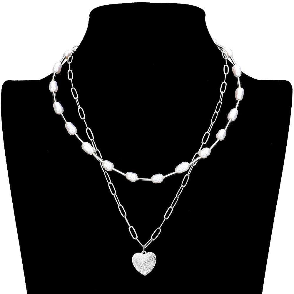 Metal Heart Pendant Freshwater Pearl Double Layered Necklace - Rhodium - Necklaces