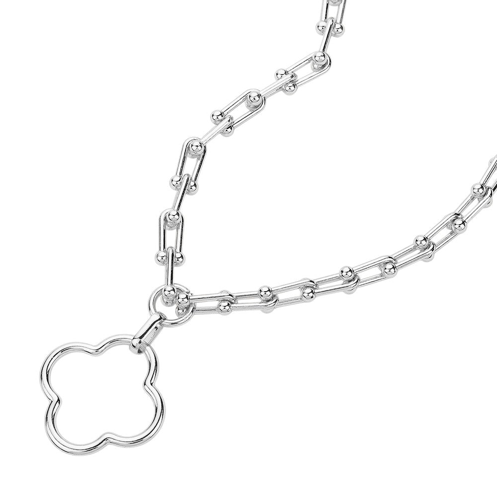 Rhodium Open Quatrefoil Pendant Hardware Chain Necklace is a stunning accessory that adds a touch of elegance to any outfit. The intricate quatrefoil pendant design is crafted with durable hardware chain for a unique and eye-catching look. Elevate your style with this expertly crafted necklace.