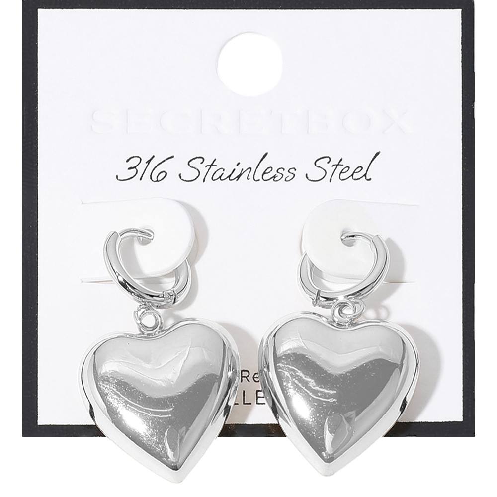 SECRET BOX Stainless Steel Heart Dangle Huggie Hoop Earrings - Earrings
