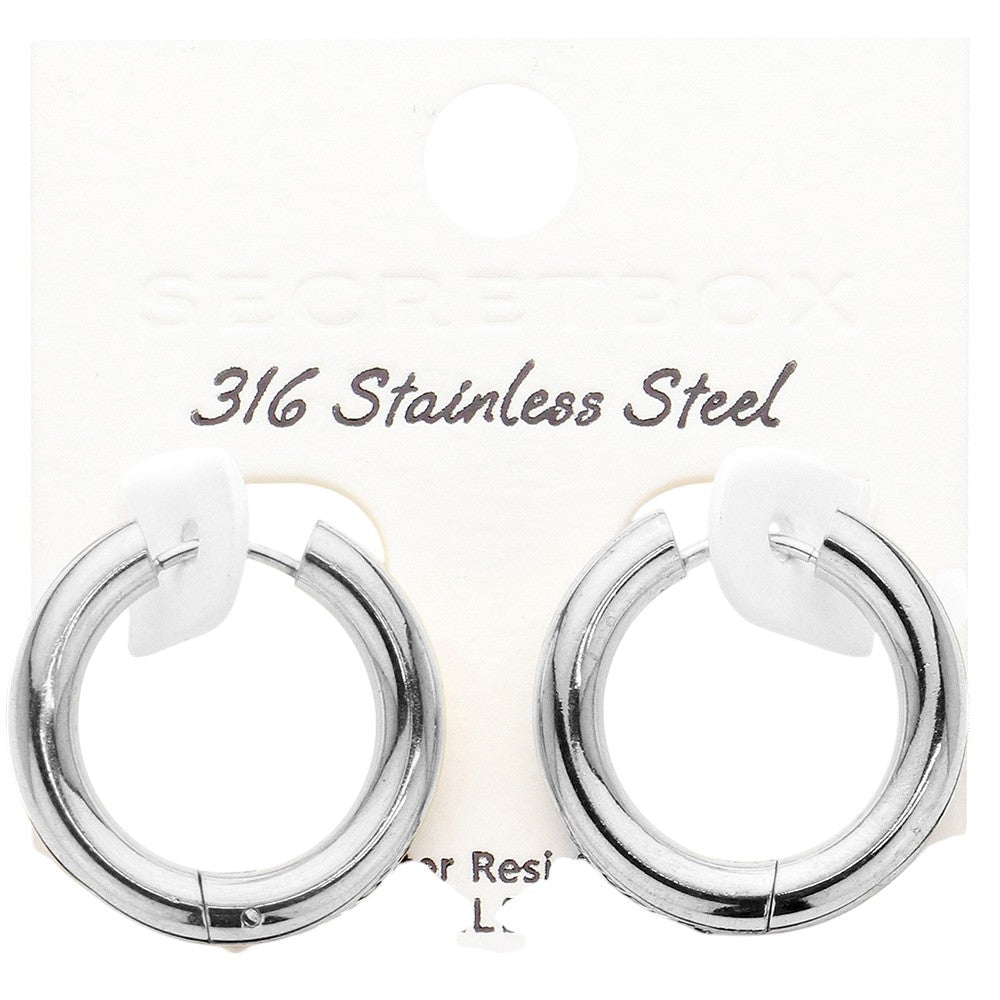 SECRET BOX Stainless Steel Round Classic Hoop Earrings - Rhodium - Earrings