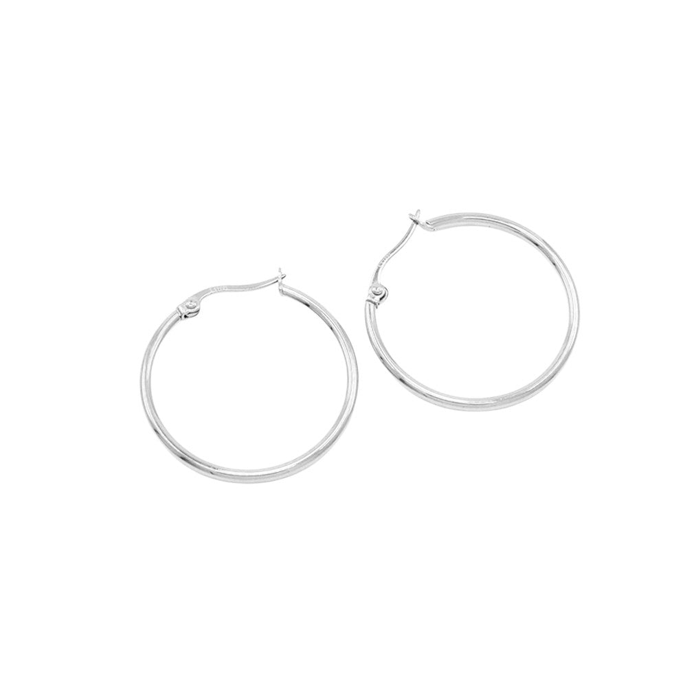 Rhodium Stainless Steel 1.2 Inch Metal Hoop Pin Catch Earrings are a durable and stylish choice for any jewelry lover. Made from high-quality stainless steel, these earrings are hypoallergenic and resistant to tarnishing. The 1.2 inch size is the perfect balance of subtlety and statement, making these earrings a versatile addition to any outfit.