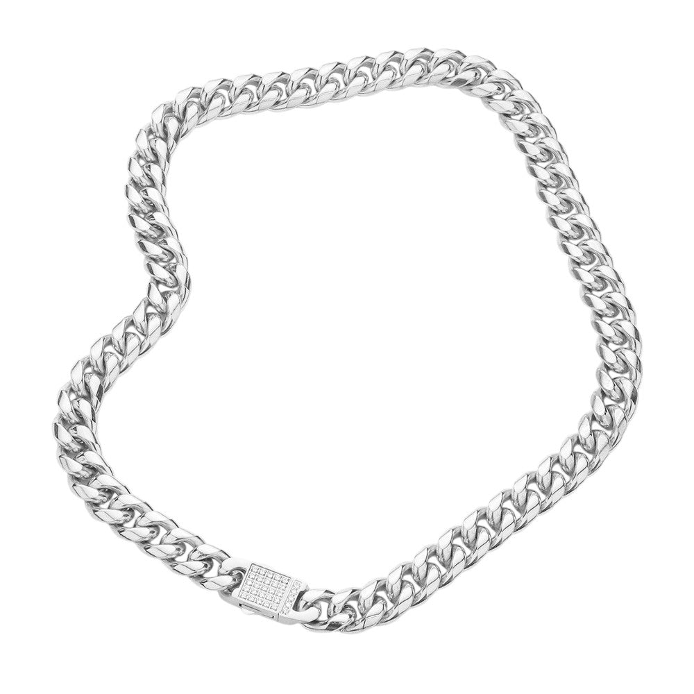 Rhodium Stainless Steel CZ Metal Chain Link Necklace combines durability and elegance with its stainless steel material and CZ embellishments. Perfect for everyday wear or a special occasion, it adds a touch of sparkle and sophistication to any outfit. Crafted with high-quality materials, this necklace promises to be a long-lasting addition to your jewelry collection.