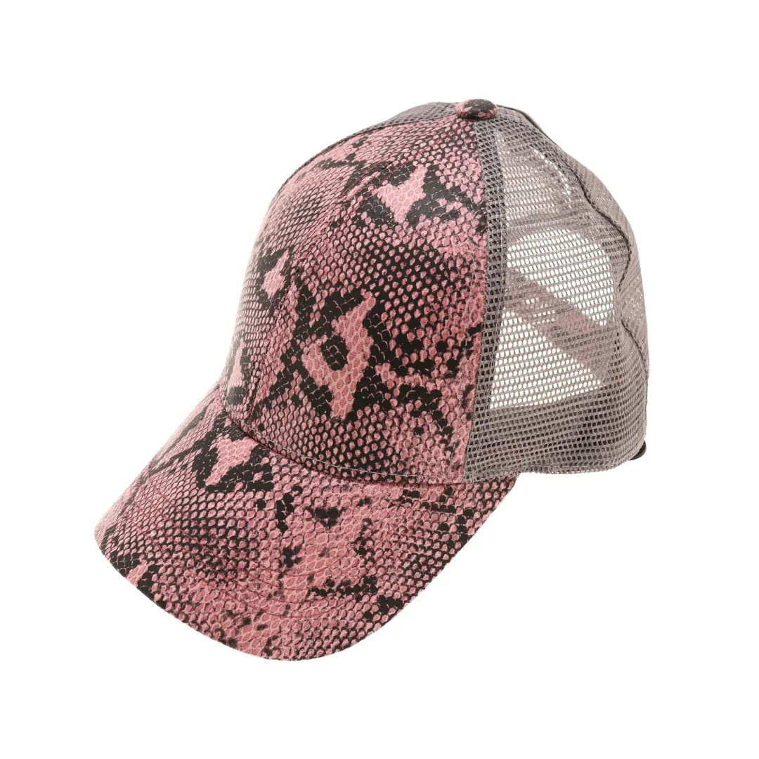 Matte Snake Print High Ponytail CC Ball Cap combines edgy style with practical design. Featuring a distinctive matte snake print, this cap is tailored to accommodate high ponytails comfortably, making it perfect for active lifestyles. The subtle CC logo detail adds a refined touch, while the breathable fabric ensures comfort throughout wear. Ideal for those who want to maintain a polished look without sacrificing functionality.