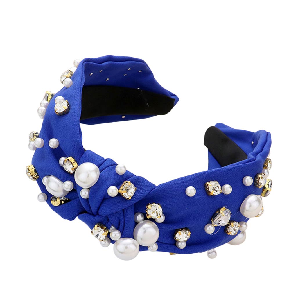 Royal Blue Pearl Round Stone Embellished Knot Burnout Headband, create a natural & beautiful look while perfectly matching your color with the easy-to-use stone burnout headband. Push your hair back and spice up any plain outfit with this pearl round heart knot headband! Be the ultimate trendsetter & be prepared to receive compliments wearing this chic headband with all your stylish outfits!