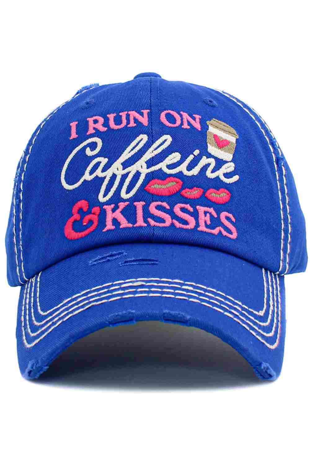 Royal Blue Fuel your day in style with the I Run on Caffeine vintage distressed cap, featuring a perfectly worn-in look and bold embroidered slogan. Made for comfort and everyday wear, this relaxed-fit cap adds a fun, laid-back vibe to casual outfits, errands, or coffee runs.