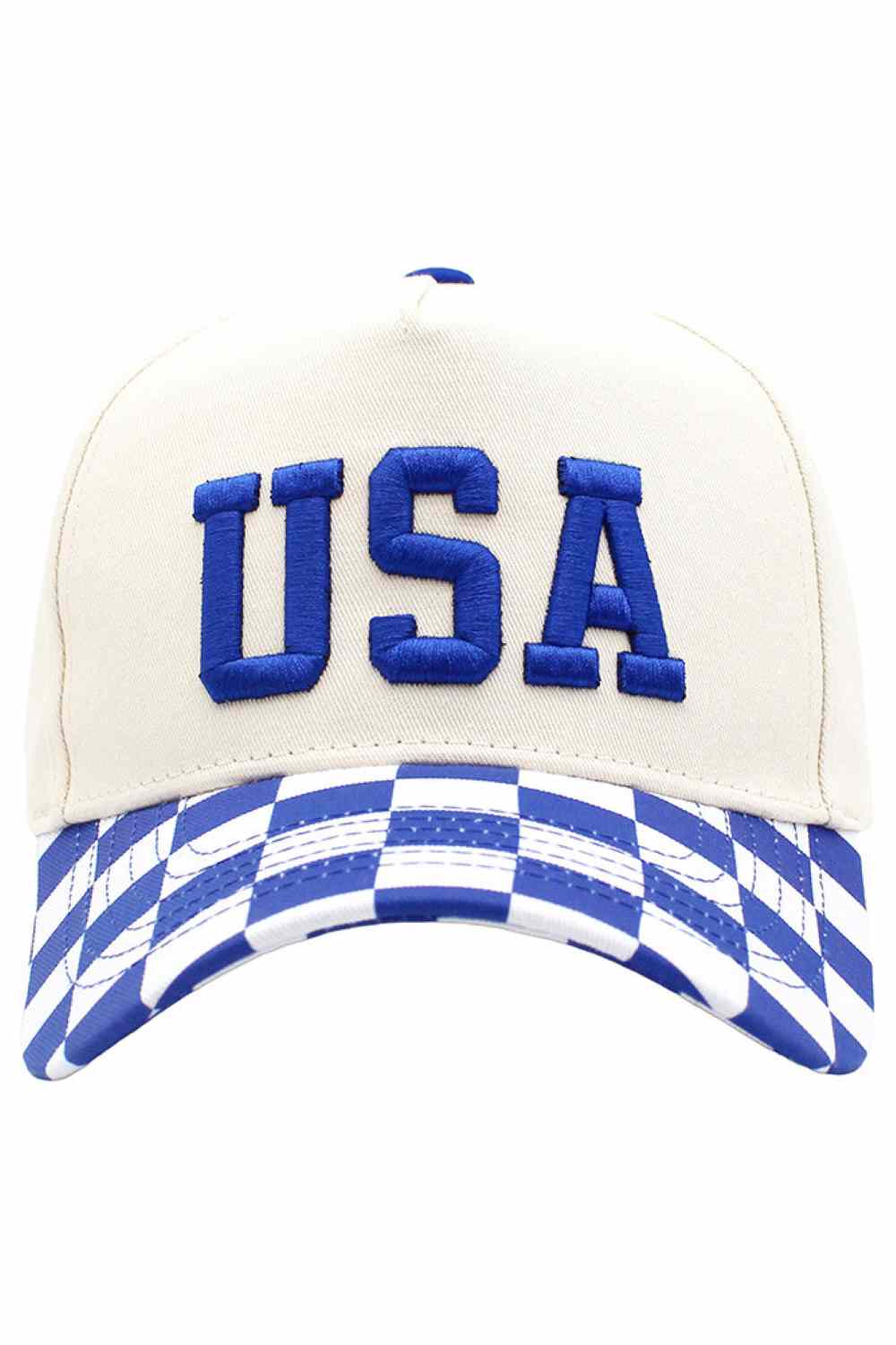 Royal Blue Classic baseball cap featuring USA embroidered lettering on the front and a distinctive checker pattern along the brim. Crafted from 100% cotton for breathability and comfort, perfect for everyday wear or outdoor activities. One size fits most. Made in China.