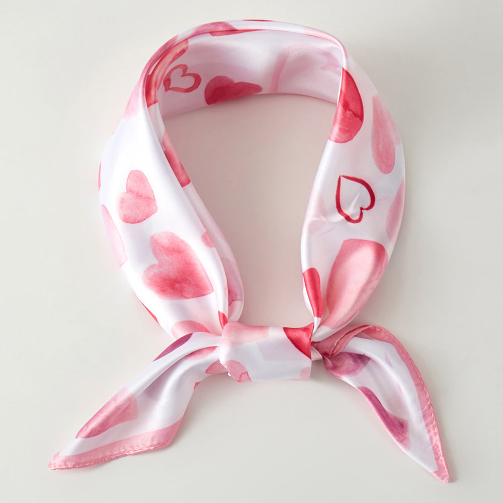 Madeline Love Pink Heart Pattern Printed Square Silky Satin Bandana Scarf - Scarves & Wraps