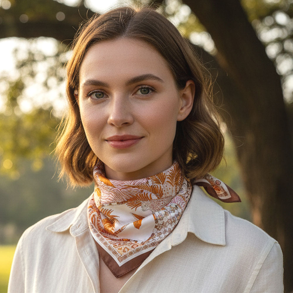 Madeline Love Brown Abstract Tropical Palm Tree Leopard Pattern Printed Square Silky Satin Bandana Scarf - Scarves & Wraps