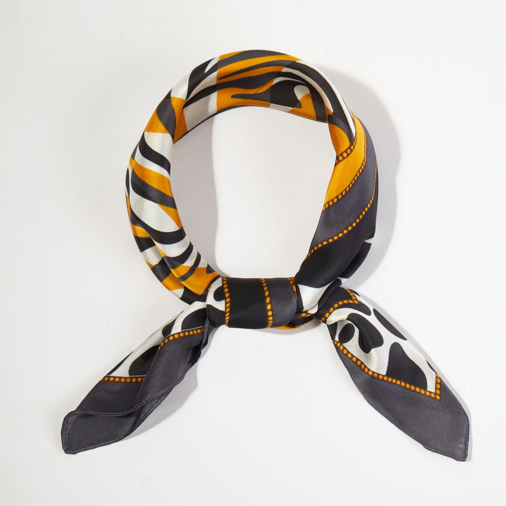 Madeline Love Mustard Zebra Leopard Pattern Printed Square Silky Satin Bandana Scarf - Scarves & Wraps