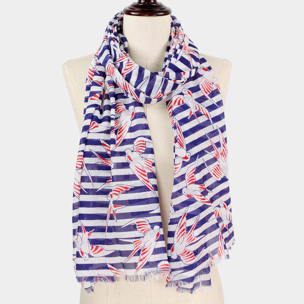 Madeline Love Navy Bird Stripe Print Scarf - Jewelry
