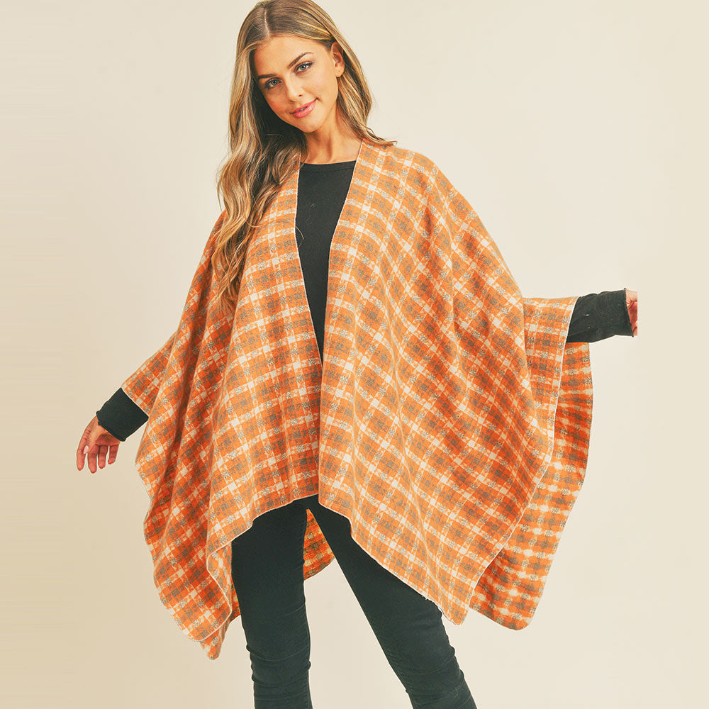 Orange Plaid Check Pattern Ruana Poncho