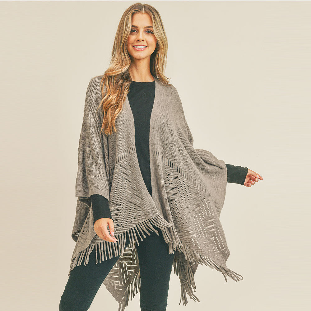 Gray Herringbone Knit Fringe Ruana Poncho