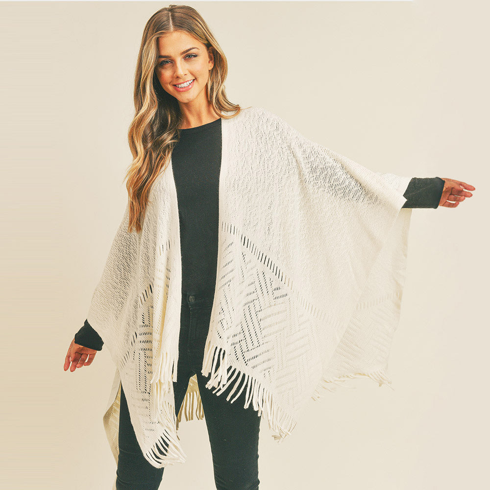 Ivory Herringbone Knit Fringe Ruana Poncho