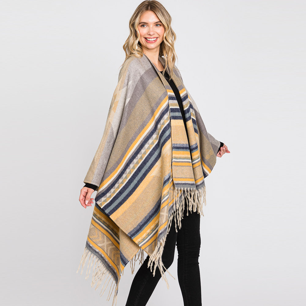 Yellow Aztec Patterned Fringe Ruana Poncho