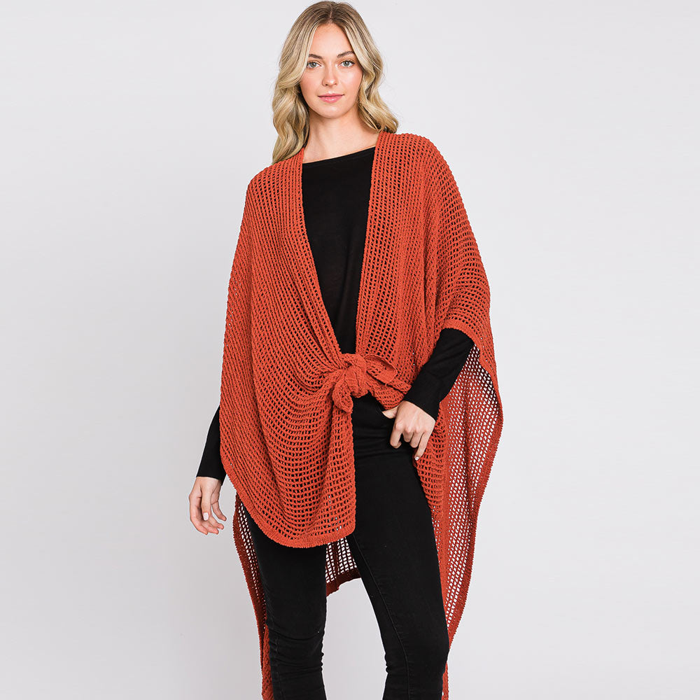 Rust Solid Chenille Crochet Ruana Poncho