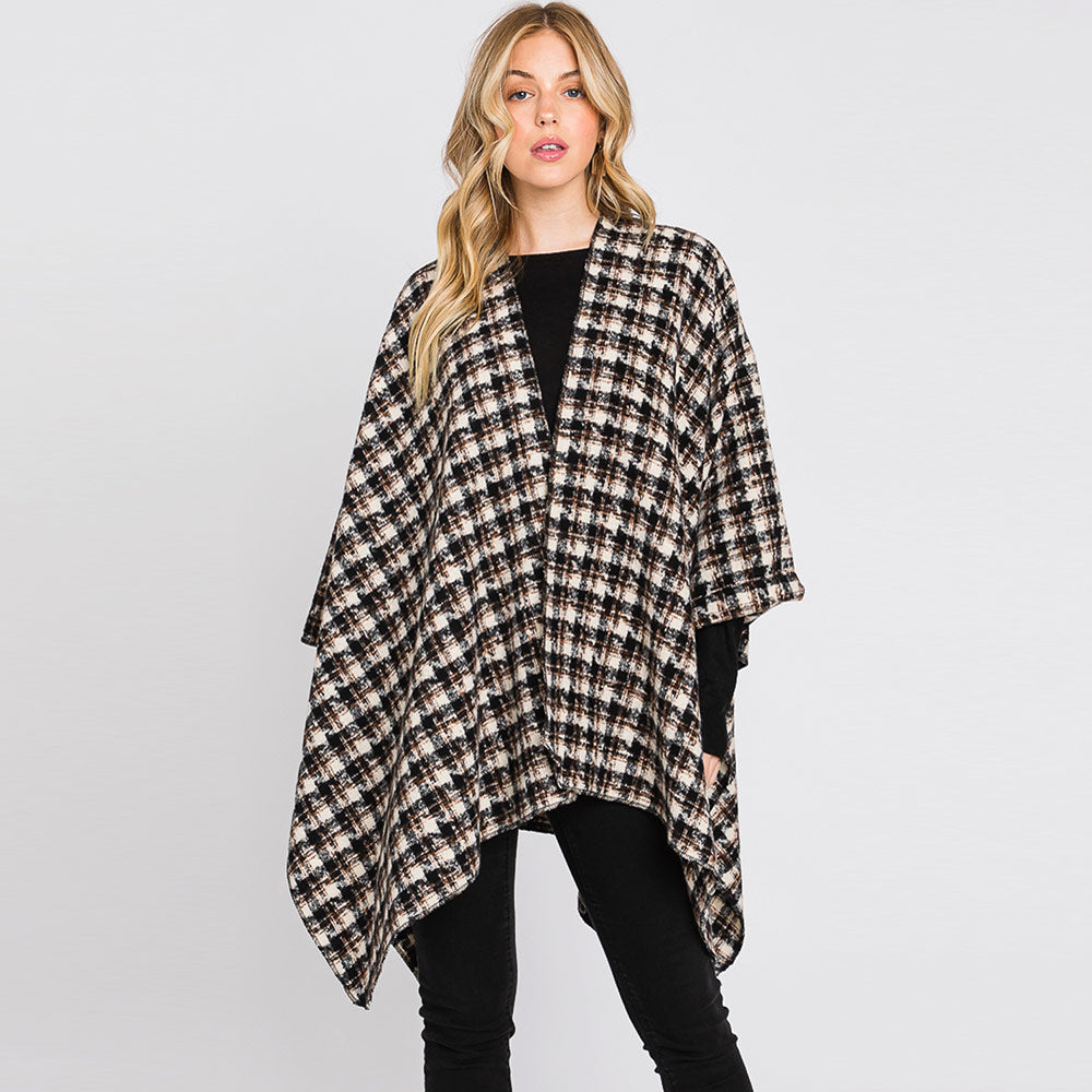 Black Houndstooth Patterned Ruana Poncho