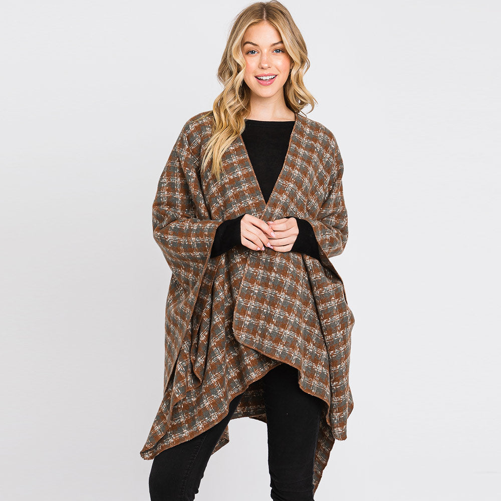 Brown Houndstooth Patterned Ruana Poncho