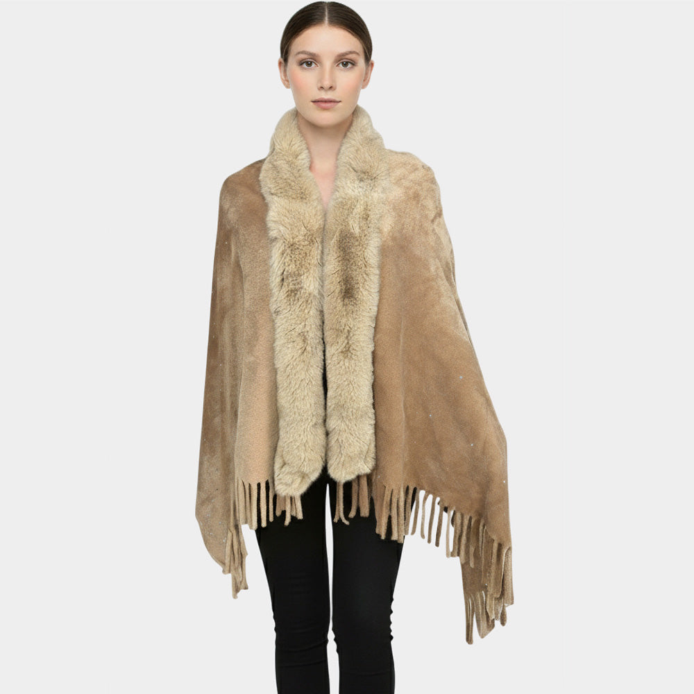 Madeline Love Khaki Rhinestone Embellished Fringe Faux Fur Poncho Wrap - Jewelry