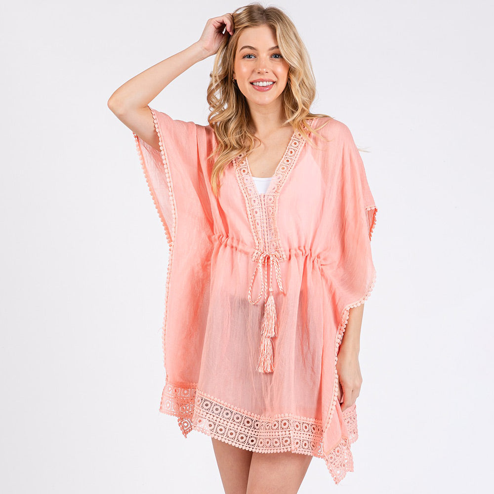 Madeline Love Coral Crochet Trim Front Drawstring Cover Up Poncho - Jewelry
