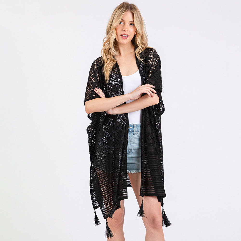 Madeline Love Black Geometric Pattern Tassel Cover Up Poncho - Hair Accessories - desc