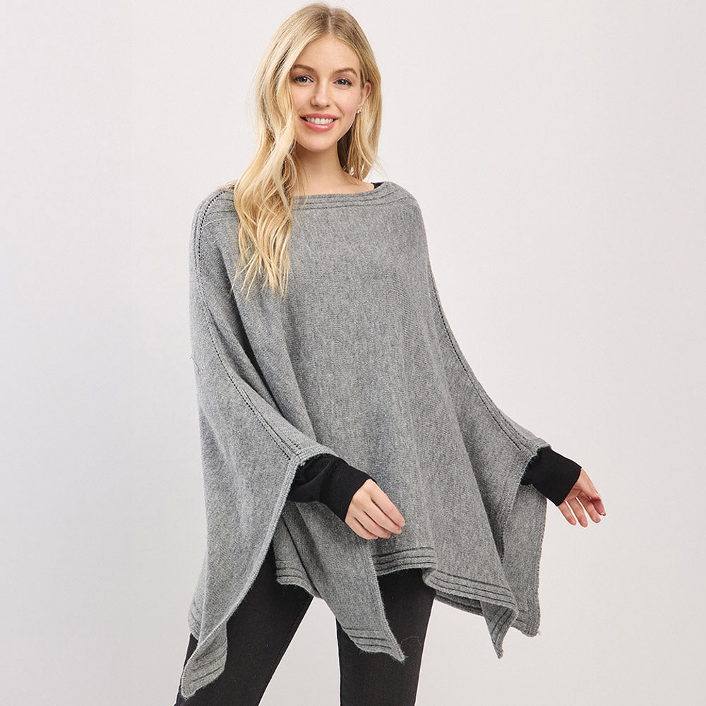 Gray Clean Edge Wide Sleeves Solid Knit Poncho