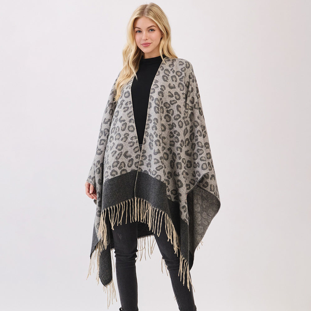 Gray Leopard Pattern Fringe Poncho Wrap