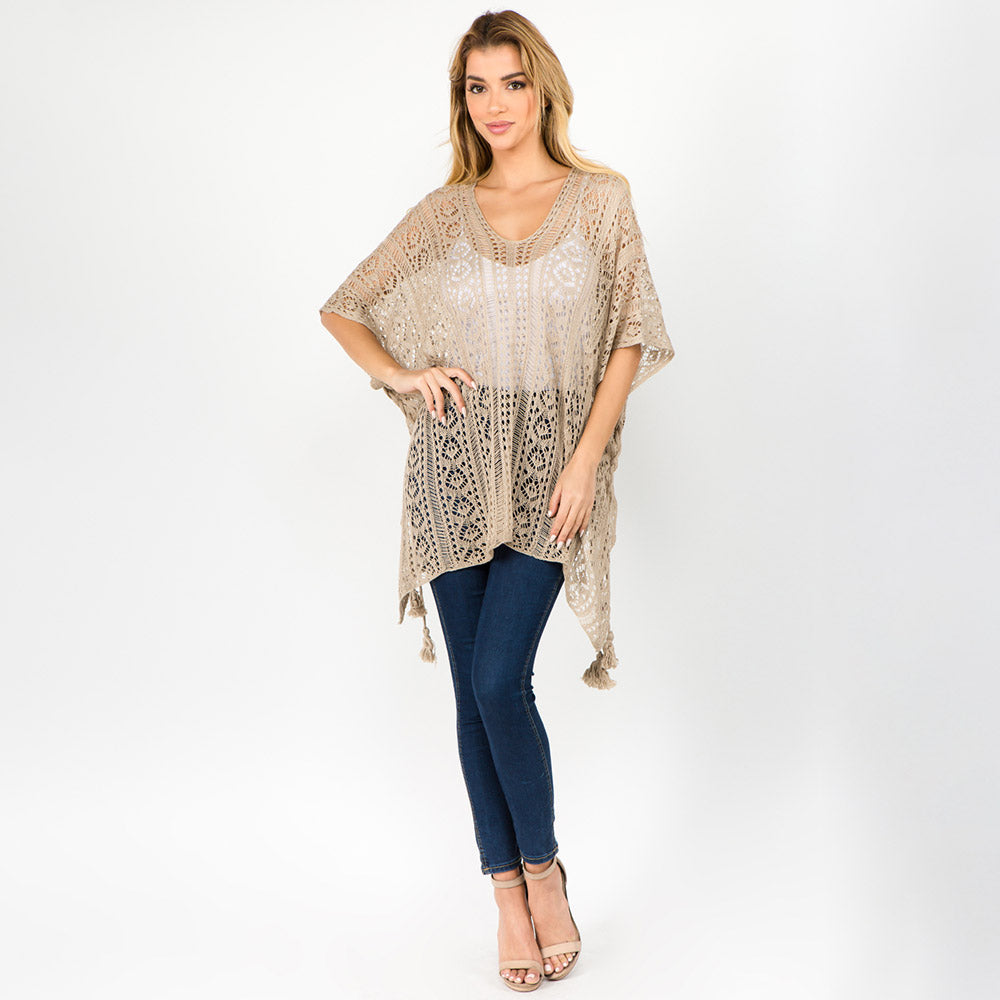 Madeline Love Tan Boho Crochet Tassel Poncho Top - Hair Accessories - extra