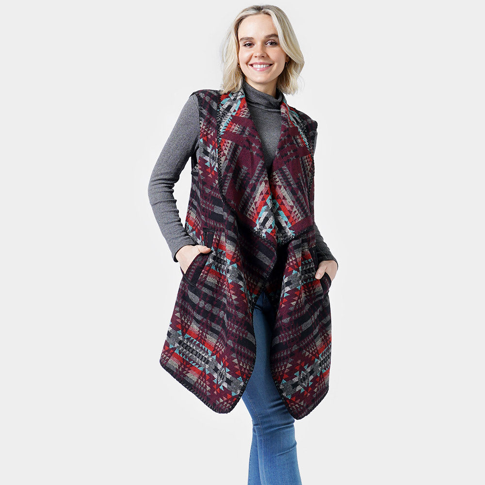 Burgundy Western Pattern Vest With Pocket