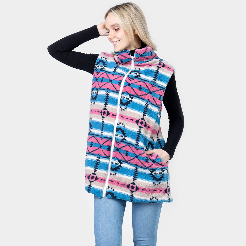 Blue Aztec Patterned Sherpa Fleece Pocket Vest