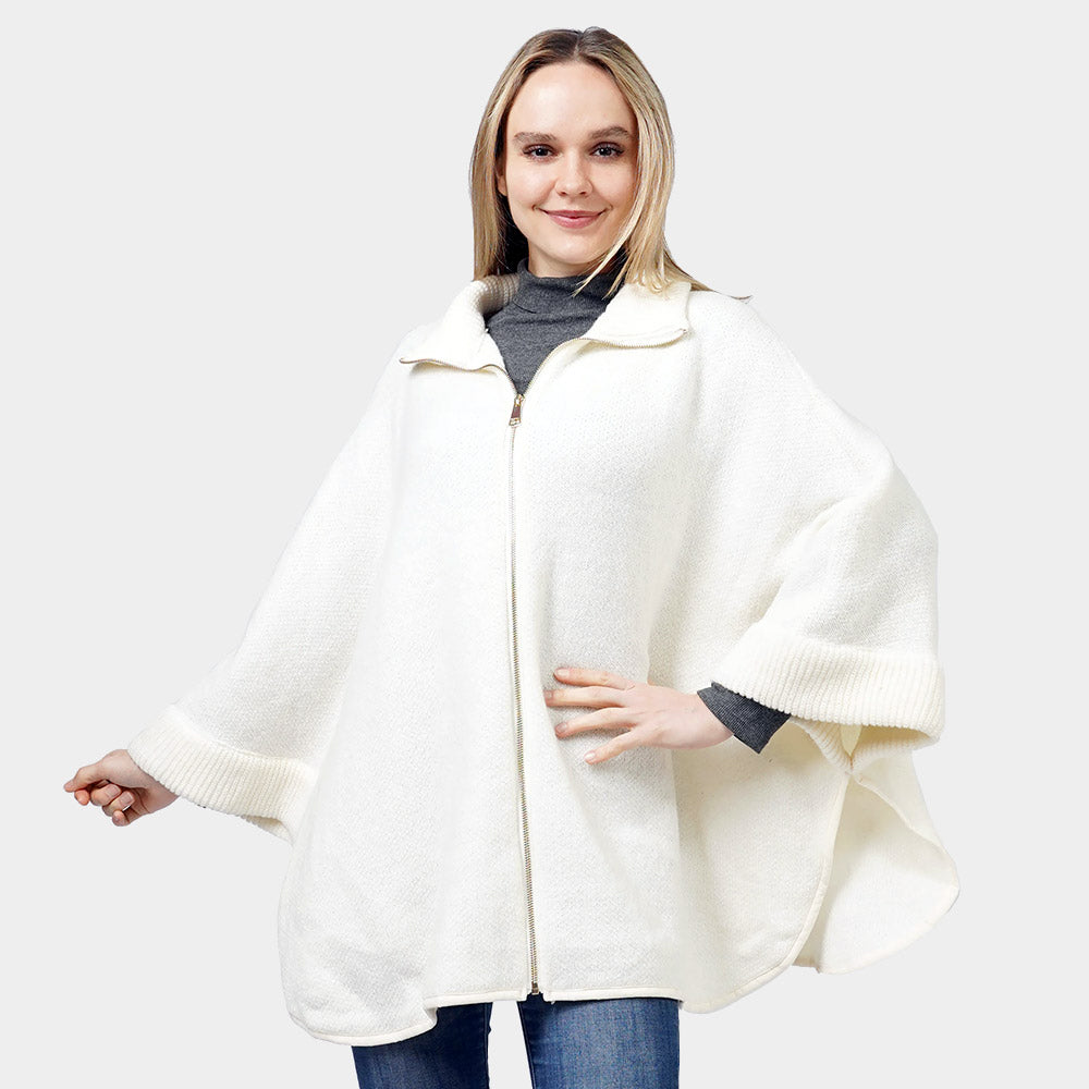Ivory Zip Up Knit Cape Poncho