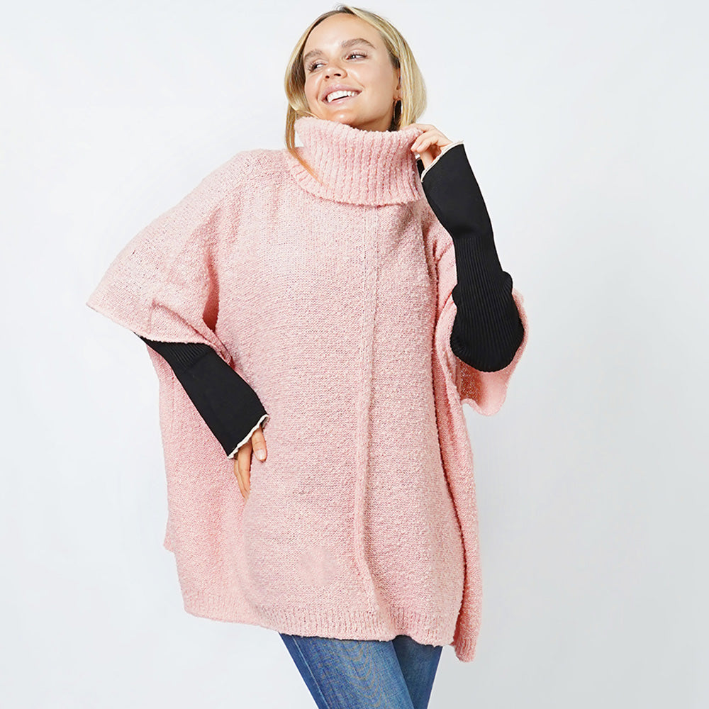 Pink Slub Knit Turtle Neck Pullover