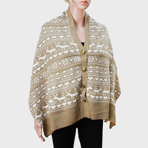 White, Brown Christmas Themed Button Acrylic Poncho