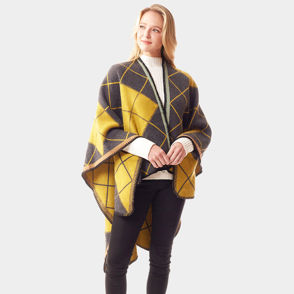 Mustard Plaid Check Patterned Stitch Ruana Poncho