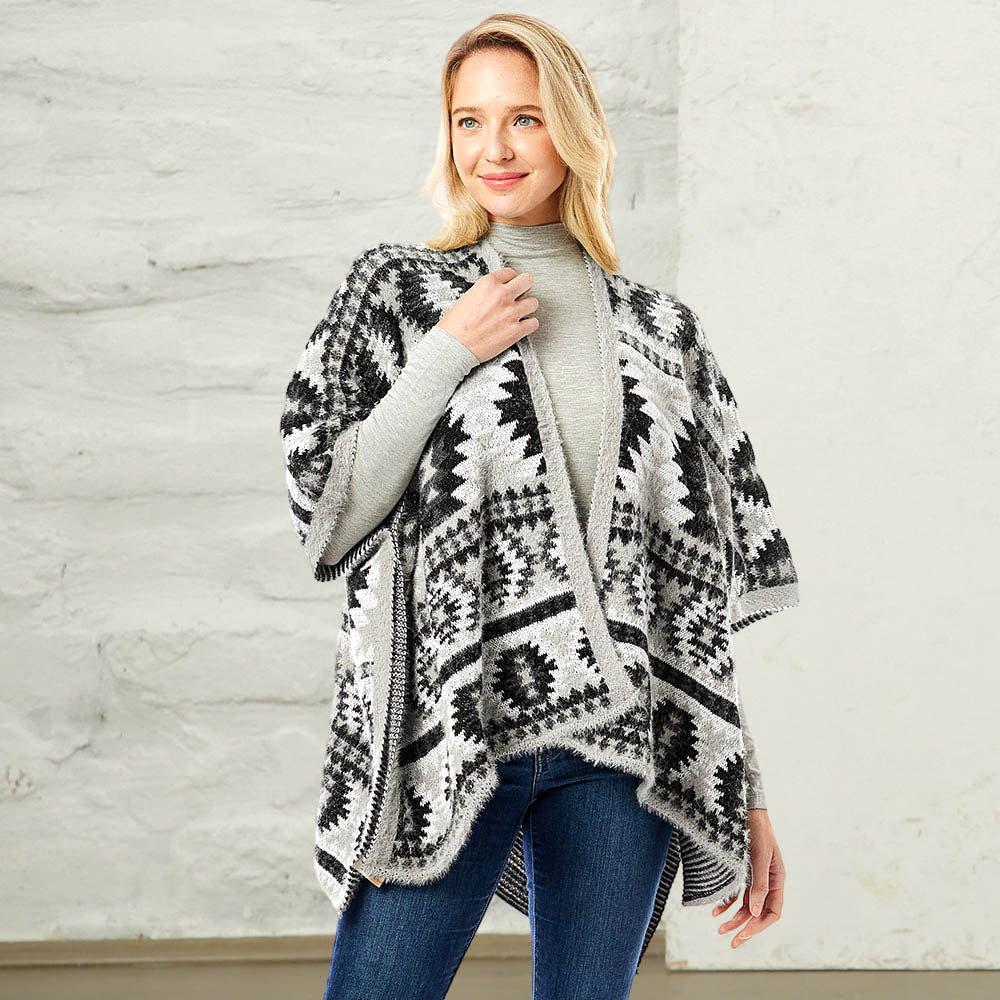 Gray Aztec Pattern Ruana Poncho