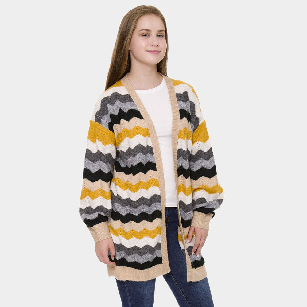 Mustard Zigzag Pattern Balloon Sleeve Cardigan