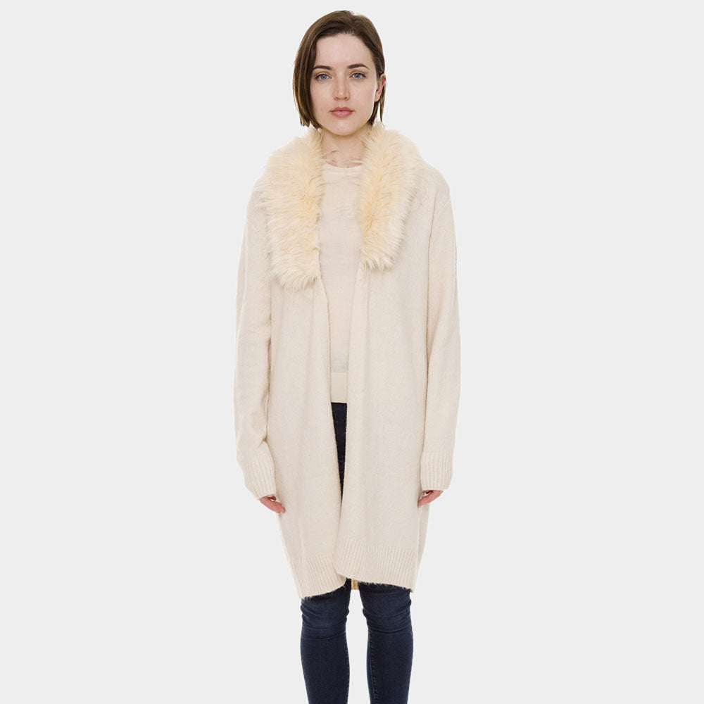 Beige Faux Fur Collar Solid Color Cardigan