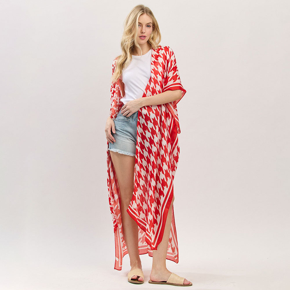 Madeline Love Red, White Houndstooth Print Open Front Long Kimono Poncho - Jewelry