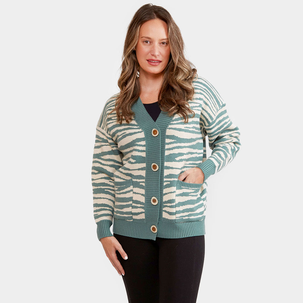 Teal Zebra Pattern In Front Button Closure Pocket Cardigan