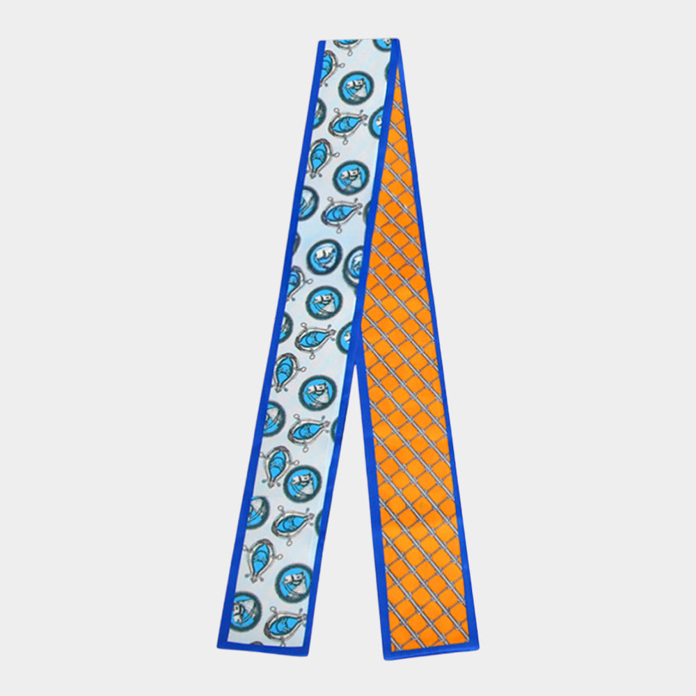 Madeline Love Blue Horse Motif Pattern Print Silk Feel Twilly Skinny Scarf - Scarves & Wraps