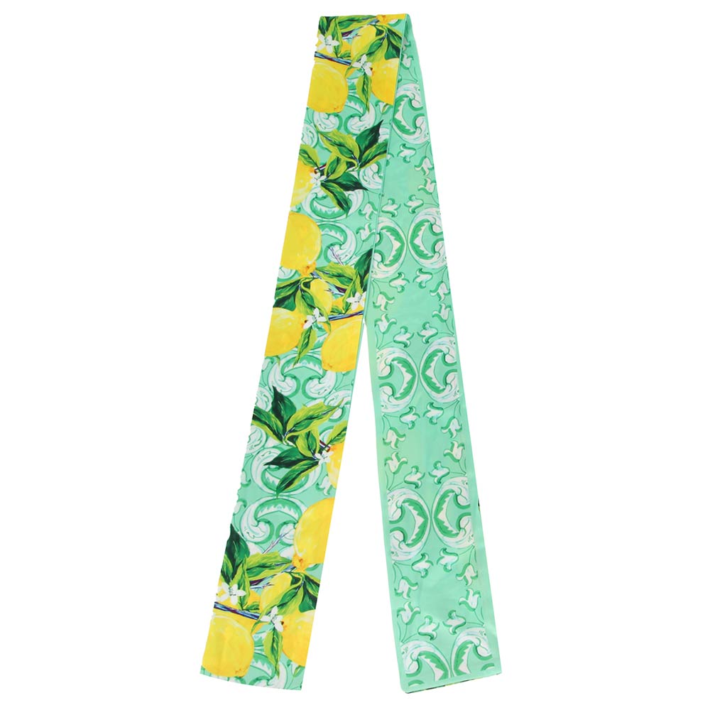 Madeline Love Green Lemon and Scroll Pattern Print Silk Feel Twilly Skinny Scarf - Scarves & Wraps - desc