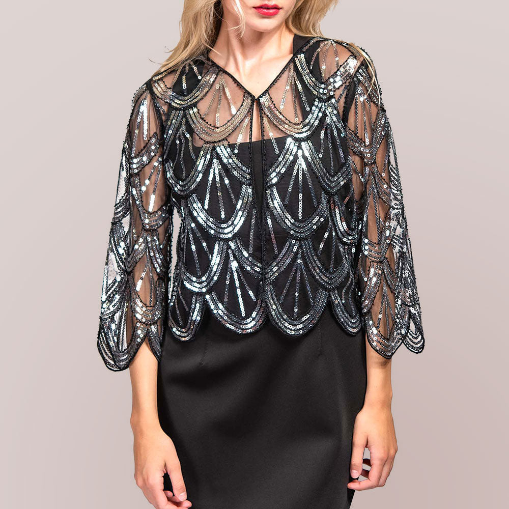 Black, Silver Sequin Beaded Retro Style Cropped 3/4 Sleeves Vintage Shawl Cardigan