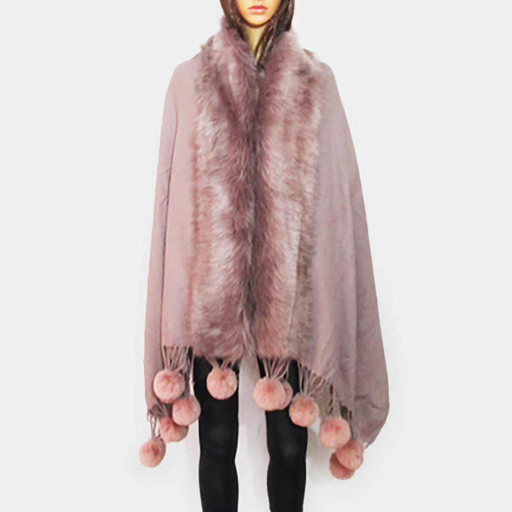 Purple Faux Fur Trim Pom Pom Dangle Poncho