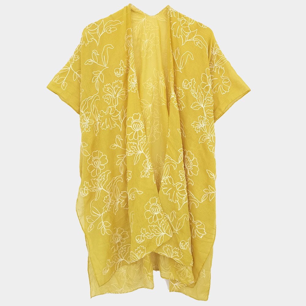 Madeline Love Yellow Embroidered Floral Cover Up Kimono Poncho - Apparel - desc