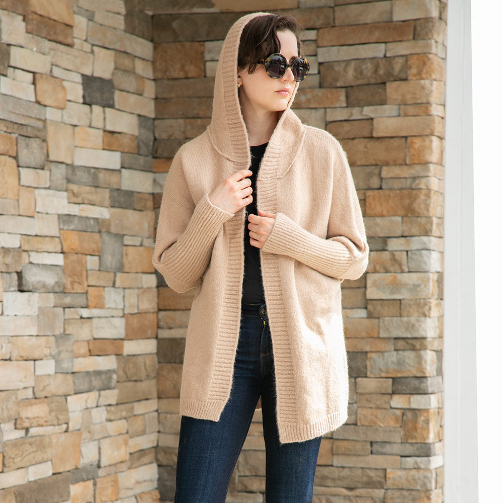 Beige Solid Color Knitted Hood and Ribbed Edges Cardigan