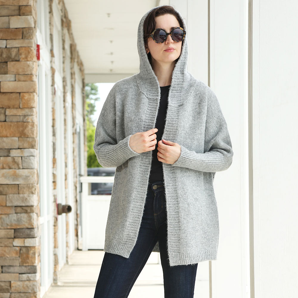 Gray Solid Color Knitted Hood and Ribbed Edges Cardigan