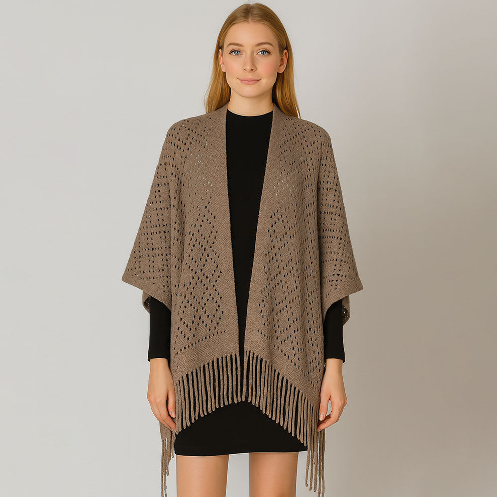 Taupe Fringe Open Knit Crochet Draped Shawl Wrap Ruana Poncho