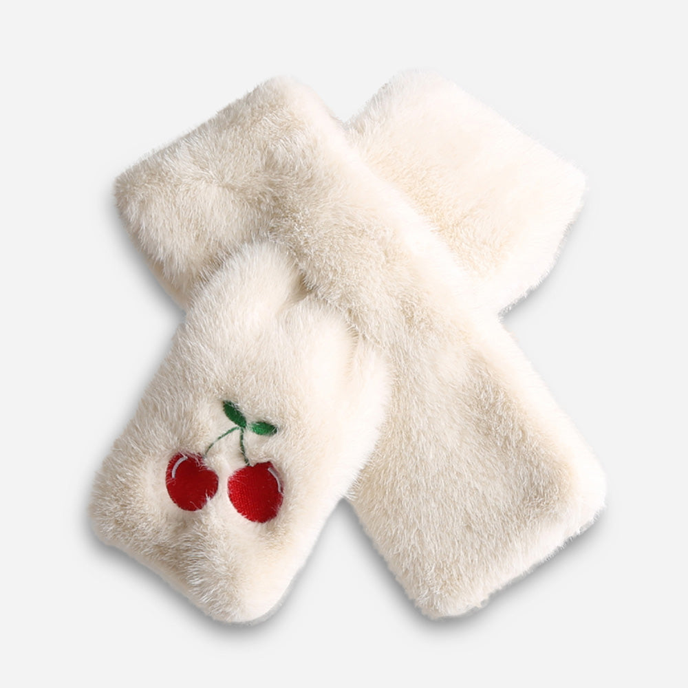 Madeline Love Red, White Faux Fur Plush Cherry Embroidered Pull Through Scarf - Hair Accessories - extra