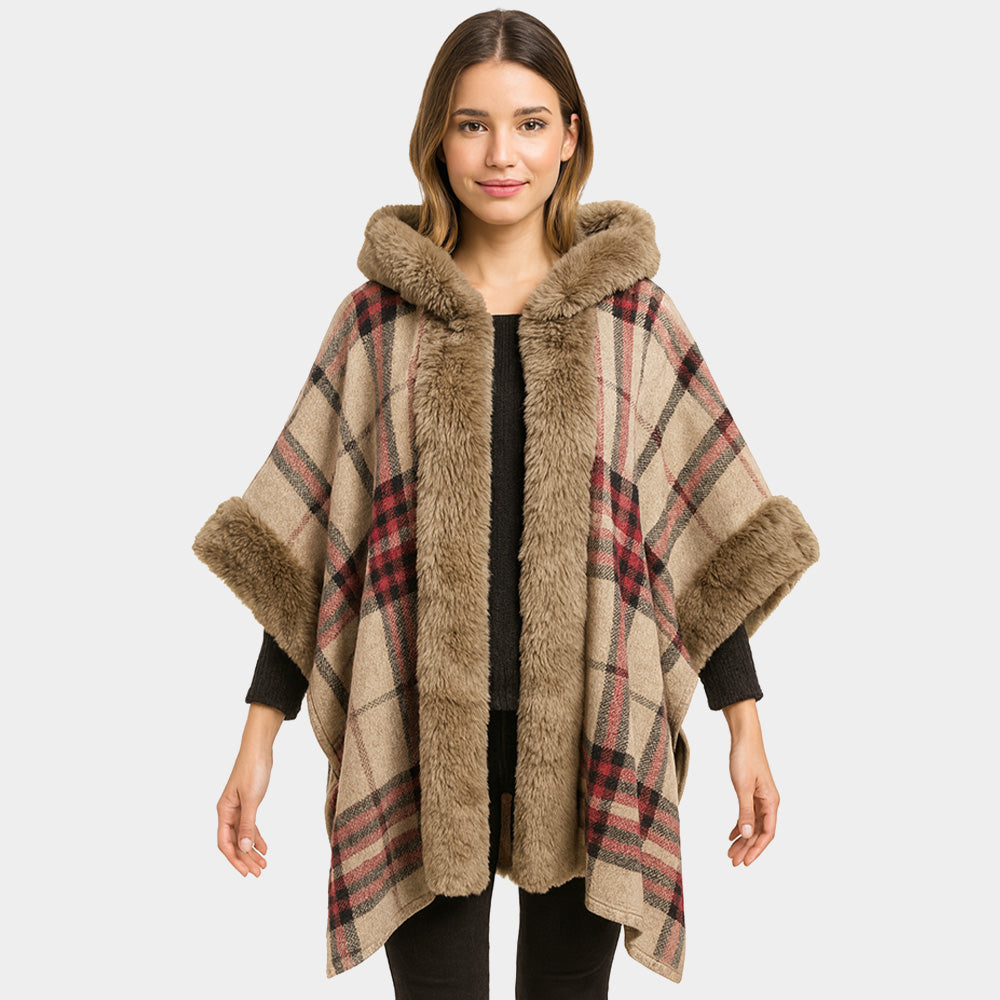 Brown Faux Fur Trim Plaid Check Cape Coat Poncho