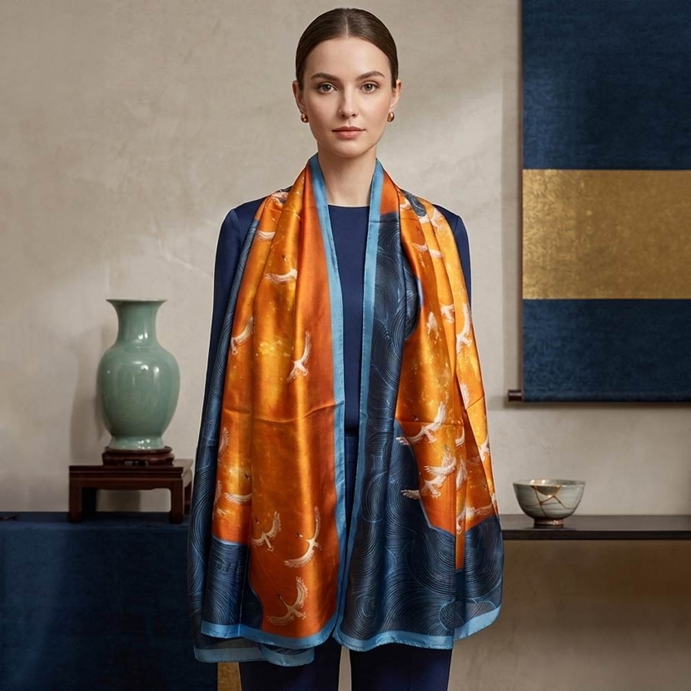 Madeline Love Orange Silk Feel Crane Print Versatile Wrap Scarf - Scarves & Wraps - desc